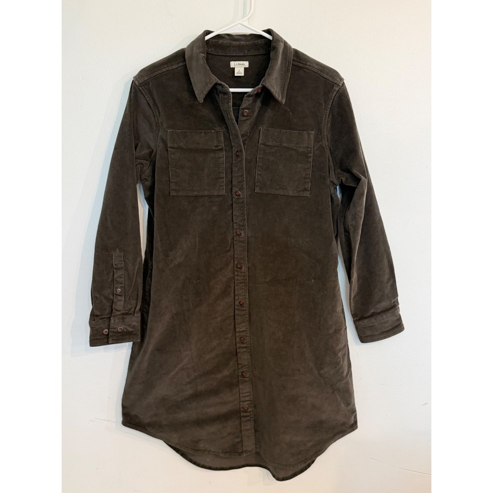L.L.Bean Heritage Corduroy Shirt Dress Olive Brown Cotton Lyocell Small Petite